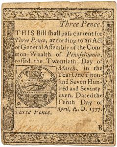 A three-pence bill of credit from Pennsylvania.
